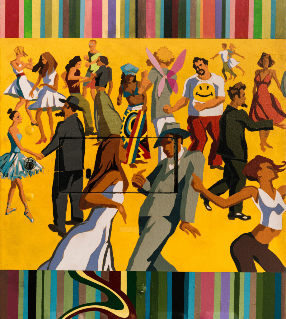 A photo of an artwork of many people from different races and ethnic backgrounds dancing happily on a yellow background. Representing cultural diversity and happiness, everyone is dancing in a cartoon/pop-art style.