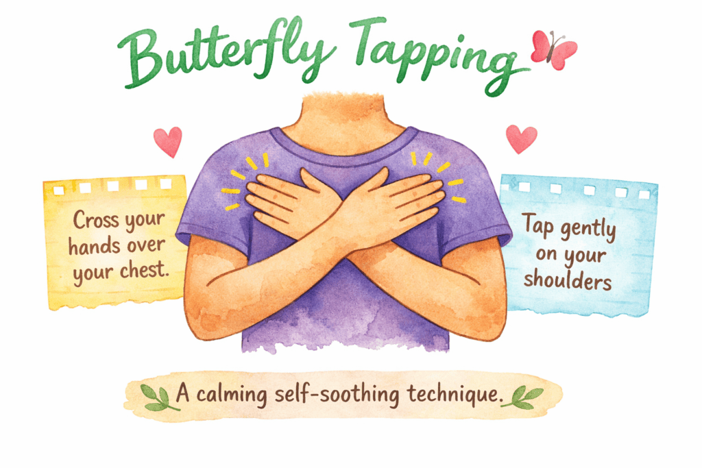 Watercolour diagram of butterfly tapping with hands crossed over chest, a self-soothing EFT technique for anxiety and trauma regulation