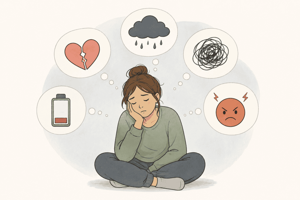 A simple cartoon-style illustration showing a person surrounded by symbols representing the emotional impact of chronic pain. The image highlights common experiences such as grief, sadness, frustration, low energy, emotional overwhelm, and mental fatigue. Suitable for articles discussing chronic pain, mental health, emotional wellbeing, chronic illness, counselling, and psychotherapy.