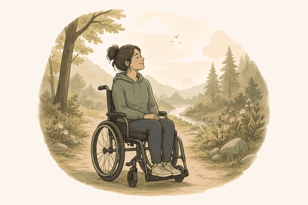 Person sitting in a wheelchair on a nature trail, representing adaptation and living with chronic pain or disability.
